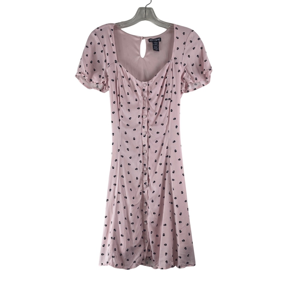 Hot Topic Pink Black Skull Print Button Front Mini Dress Medium Pastel Goth Punk